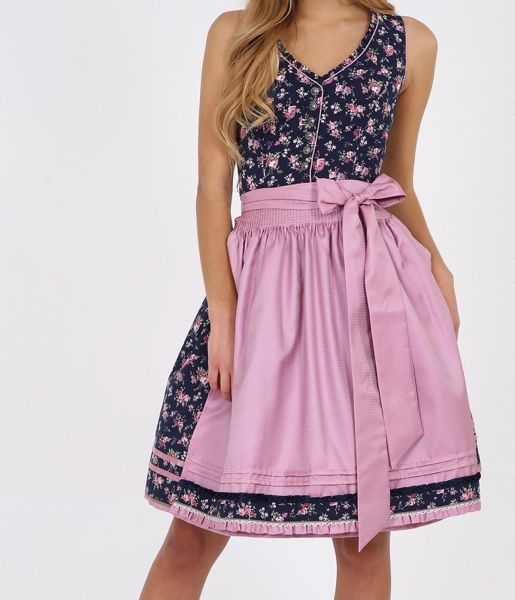 Dirndl midi 60cm Molly blau mit Rosenprint rosa Krüger